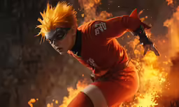 a person wearing orange clothes and an eye mask