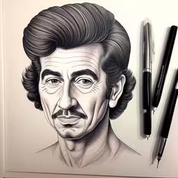 a photo of john delvecchi, with three ballpoint pens on it,pencil and marker drawing of steve jobs,the drawing shows the face of a man