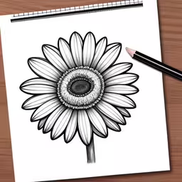 a flower that is drawn on paper next to a pencil