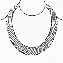 a large necklace with long spirals and a circle in the middle,a circular object is made of some thin, curved beads,a necklace that is made from multiple strips of wire,a black and white drawing of an intertwined necklace,a very long necklace with a circle on it