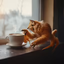 the cat is drinking coffee from a cup