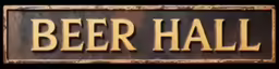 a sign in the shape of a wood panel saying beer hall