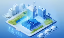 a futuristic device, with a factory and building models