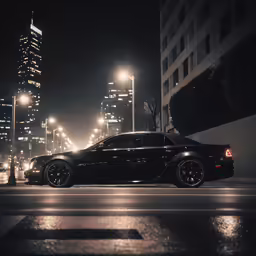 car parked on the side of the street in a city at night
