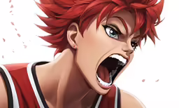 the young red - haired guy with his mouth open is yelling