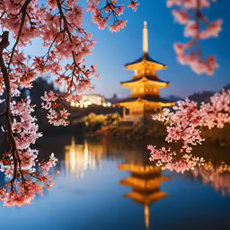 a pagoda lit up behind cherry blossoms in the foreground