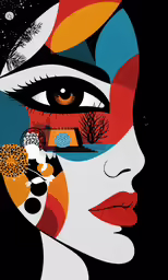 the face and eyes of a woman is depicted with abstract elements