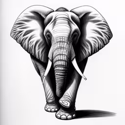 an elephant is drawing with pencil and pen,an elephant that is standing with his trunk up,an elephant drawing on a white background,a pen drawing of an elephant