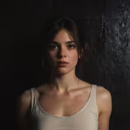 a woman in a white tank top poses for a portrait