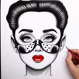 a lady with weird glasses drawn on white paper,woman with makeup drawn onto a sheet of paper,the woman is wearing black makeup and has glasses,a drawing of a woman with a black eye mask,a drawing of a woman with long black hair, eyeshades and eyelashes
