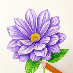 an image of a flower and a pencil drawing,drawing a flower with colored pencils on paper