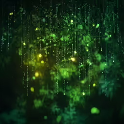 green lights are hanging from the ceiling in the night