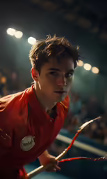a boy is holding his tennis racket and looking down