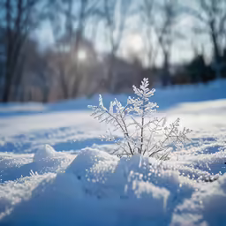 a small leaf with small branches is standing in the snow