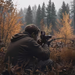a man kneeling down with a camera in his hand while shooting a deer