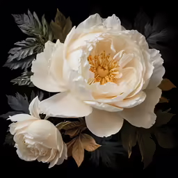 a close up of white flowers on a black background