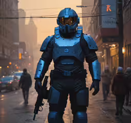 a man in armor on the side of a road with a gun,a person in a sci - fi inspired suit stands on the street