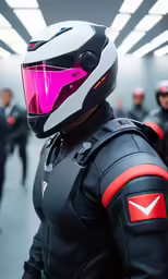 helmeted man stands with several other people looking on