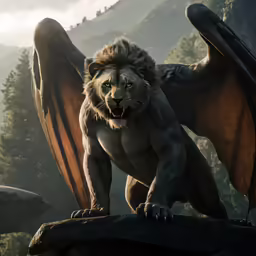 a cartoon scene of a lion on a mountain, with wings open