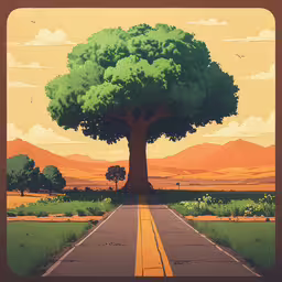 a large tree is seen on a paved road,an orange sky with a road leading to a tree