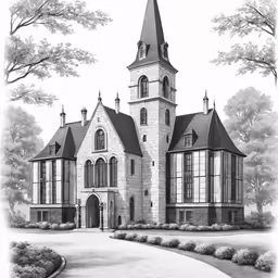 this drawing shows a drawing of a church with a steeple