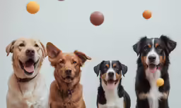three dogs standing in a group smiling at the camera