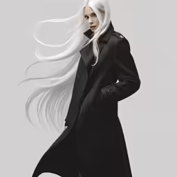a woman with white hair and long white hair wearing black clothing