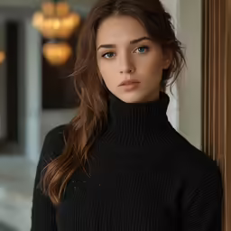 a woman is wearing black with a long hair