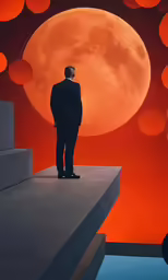 the man standing on the edge of a hill is looking at the full moon