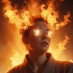 woman in glasses looking up at flames
