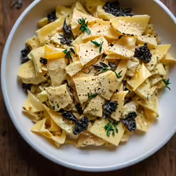a pasta dish with olives and cheese on a white plate