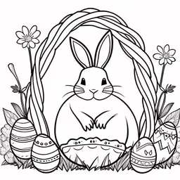 an easter bunny with an empty basket full of eggs and flowers