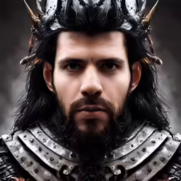 a man with horns wearing armor and standing in front of a black background