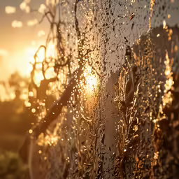 rain falls onto the glass of a window as the sun is setting