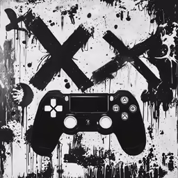 a playstation game controller on a painting with lots of drops