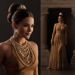 the woman is wearing a dress that has gold sequins and gold accessories