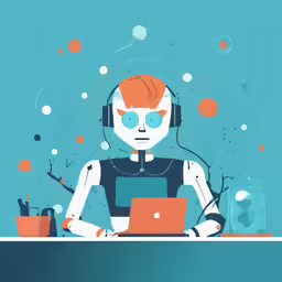 a man wearing headphones sits at a desk with a laptop