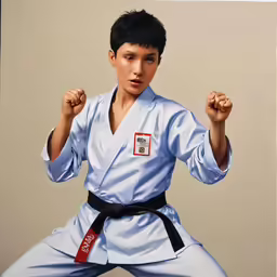 a woman is wearing a blue karate uniform