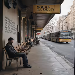 a man sits on a bench on the side of a street