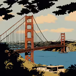 a colorful, stylized painting shows a golden gate bridge with a bus on the side of the river
