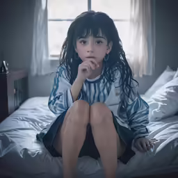 a young woman sitting in front of a window on top of a bed