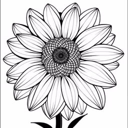 a large black and white flower with intricate petals,a sunflower drawing on the front of a card