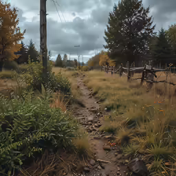 a narrow road in the woods near a fence