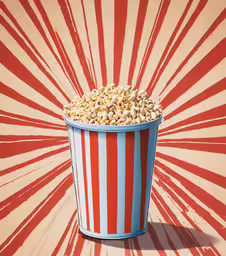 a popcorn bucket with kernels inside is on a striped wall,a blue and red bucket filled with beans