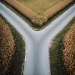 two roads with different directions and two green fields