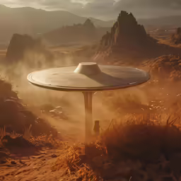 a table on a dry, rocky ground surrounded by dust