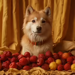 a dog that is sitting next to berries