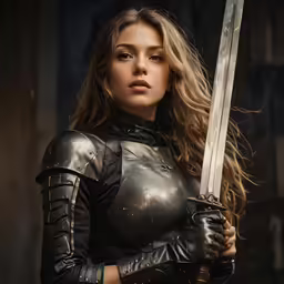 a beautiful woman in a leather outfit holding a sword