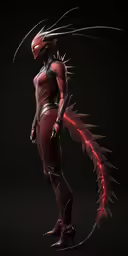 a female in a red and black armor with a bird like head
