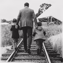 a family walking down railroad tracks